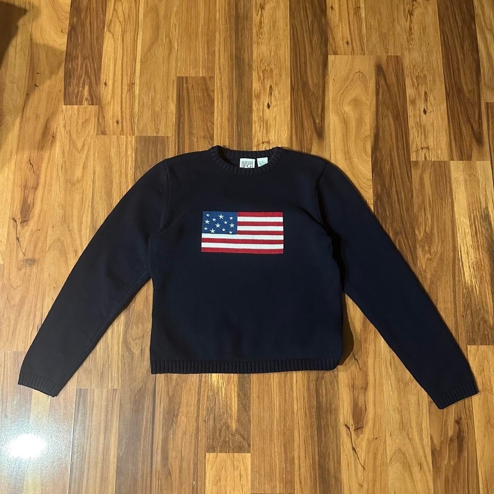 VTG 90s Field Gear American Flag Women's Sweater Chunky Knit Cotton Small